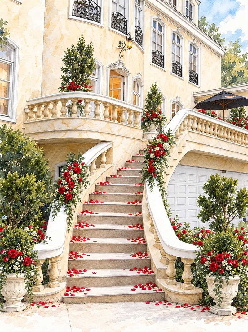 Ilustración en acuarela de la escalera de mármol decorada con flores para una boda
