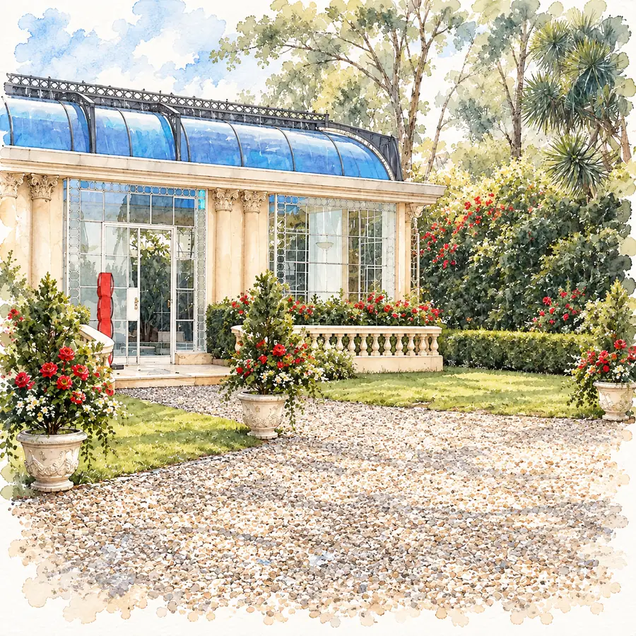 Ilustración en acuarela del pabellón acristalado y el jardín de La Mansión Francesa
